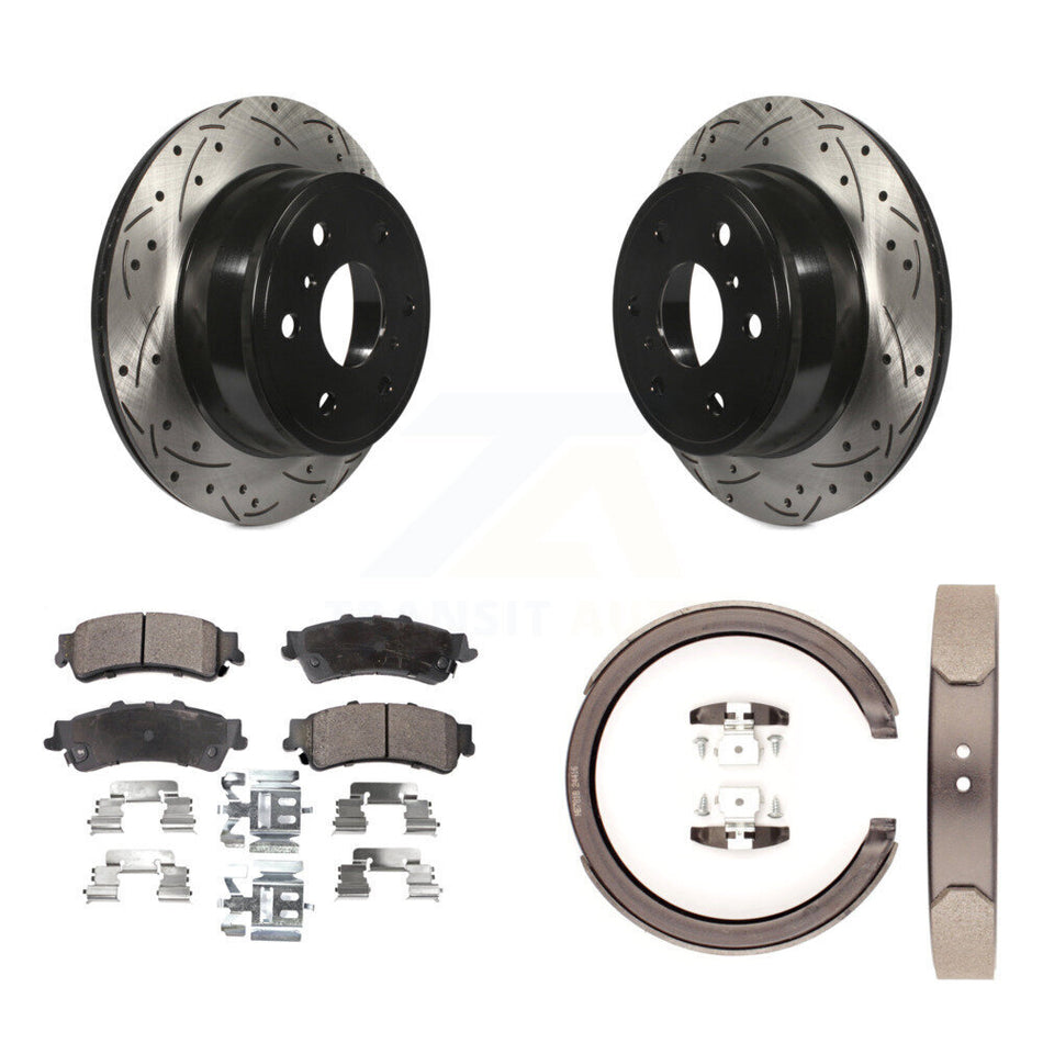 Rear Disc Drilled & Slotted Rotors Ceramic Pads And Parking Brake Shoes Kit For KDT-101544