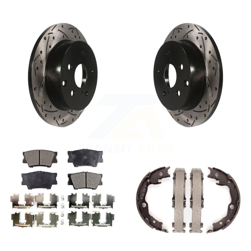 Rear Disc Drilled & Slotted Rotors Ceramic Pads Parking Shoes Kit For Toyota RAV4 Lexus KDT-101550