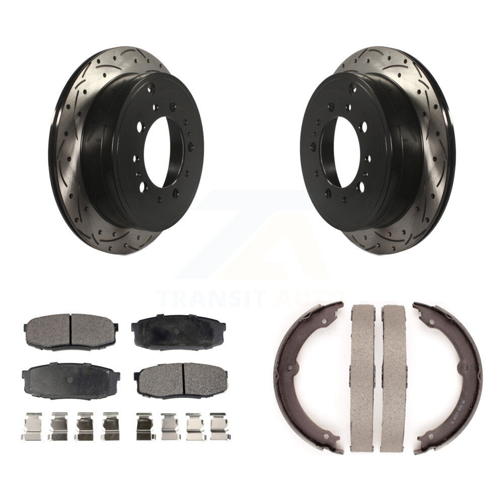 Rear Disc Drilled & Slotted Rotors Ceramic Pads Parking Shoes Kit For Toyota Tundra Lexus KDT-101551
