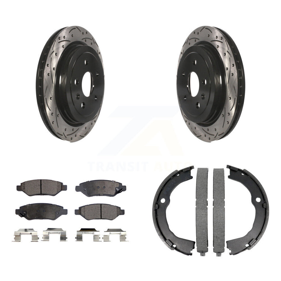 Rear Disc Drilled & Slotted Rotors Ceramic Pads Parking Shoes Kit For Chevrolet Camaro KDT-101552