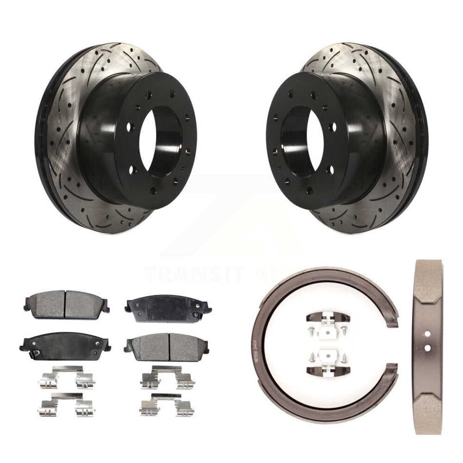 Rear Disc Drilled & Slotted Rotors Ceramic Pads And Parking Brake Shoes Kit For KDT-101556