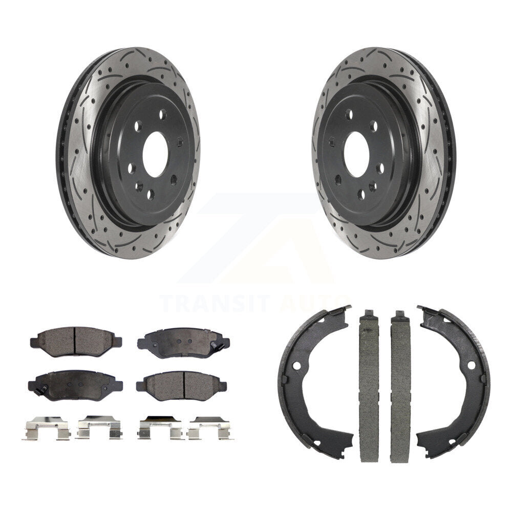 Rear Disc Drilled & Slotted Rotors Ceramic Pads Parking Shoes Kit For 10-16 Cadillac SRX KDT-101557