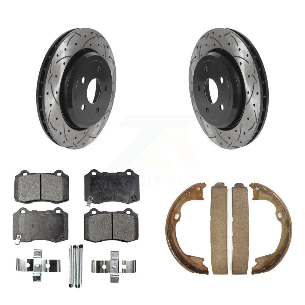 Rear Disc Drilled & Slotted Rotors Ceramic Pads Parking Shoes Kit For Jeep Grand Cherokee KDT-101561