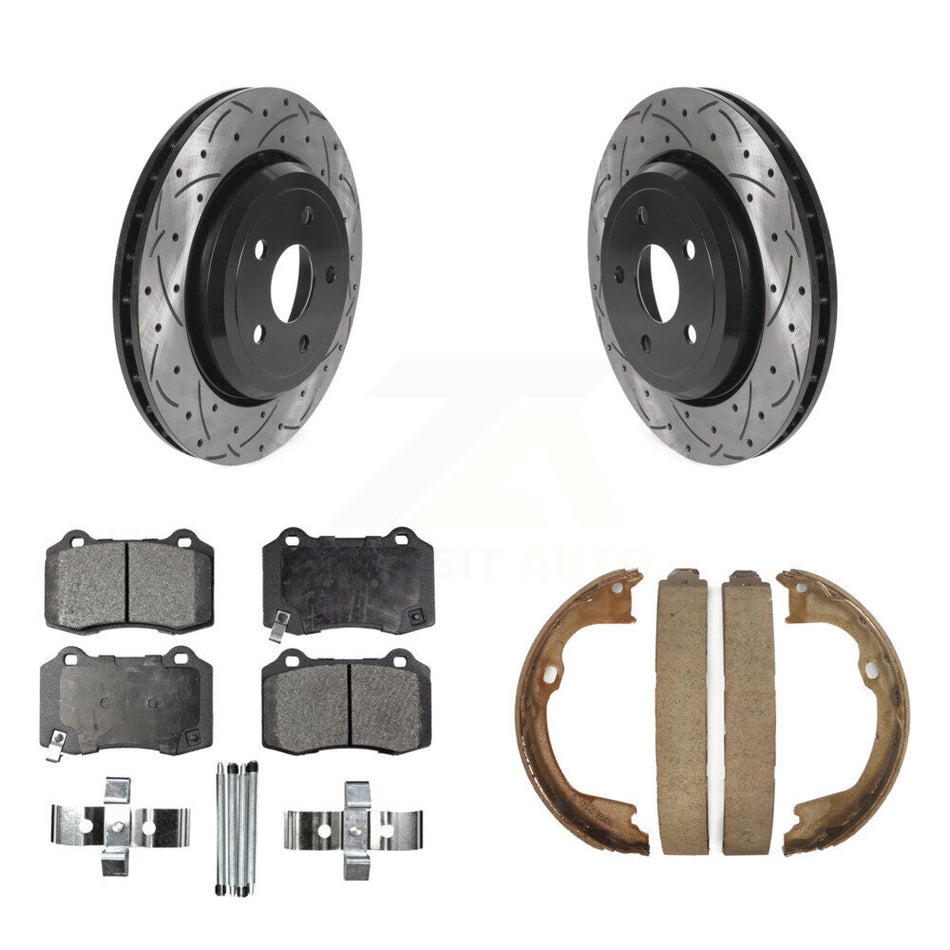 Rear Disc Drilled & Slotted Rotors Ceramic Pads Parking Shoes Kit For Jeep Grand Cherokee KDT-101561