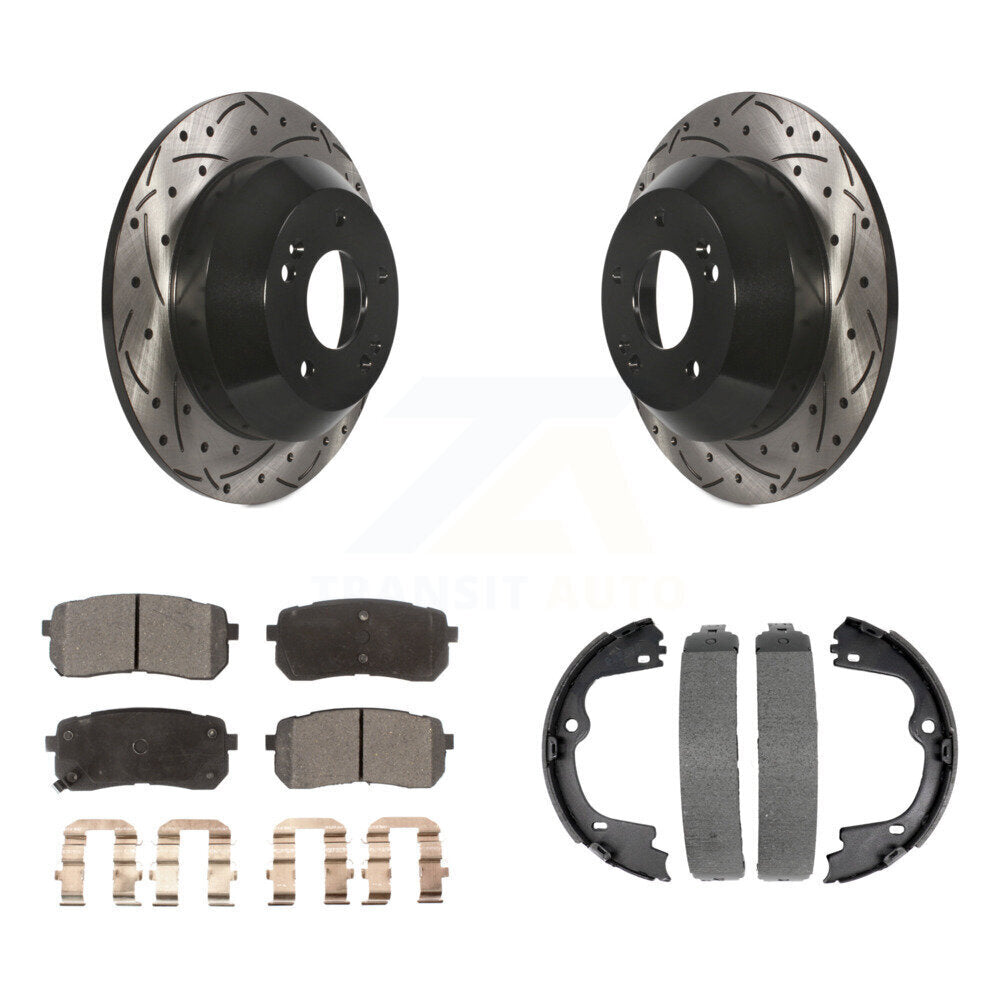 Rear Disc Drilled & Slotted Rotors Ceramic Pads Parking Brake Shoes Kit For Kia Sedona KDT-101569