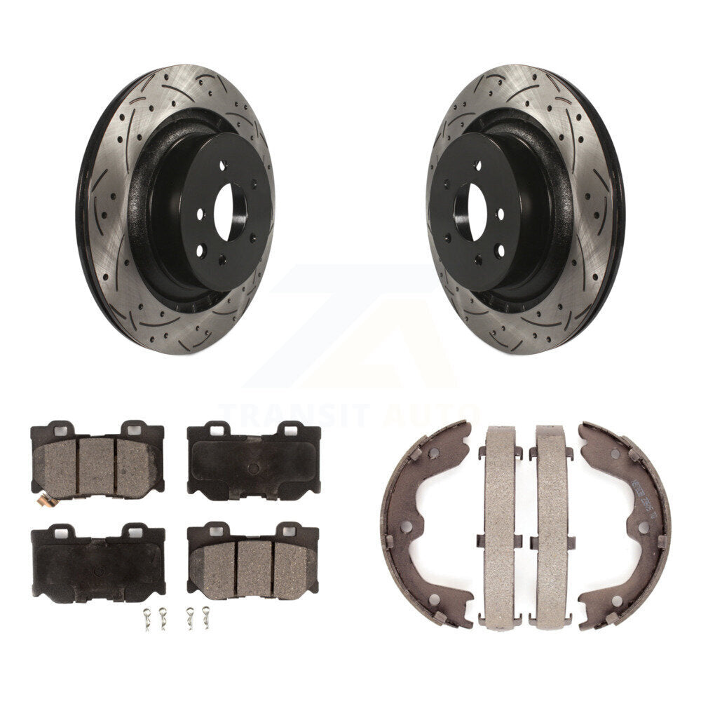 Rear Disc Drilled & Slotted Rotors Ceramic Pads Parking Shoes Kit For INFINITI G37 Nissan KDT-101573
