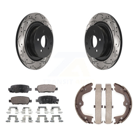 Rear Disc Drilled & Slotted Rotors Ceramic Pads Parking Shoes Kit For INFINITI G35 Q60 KDT-101576