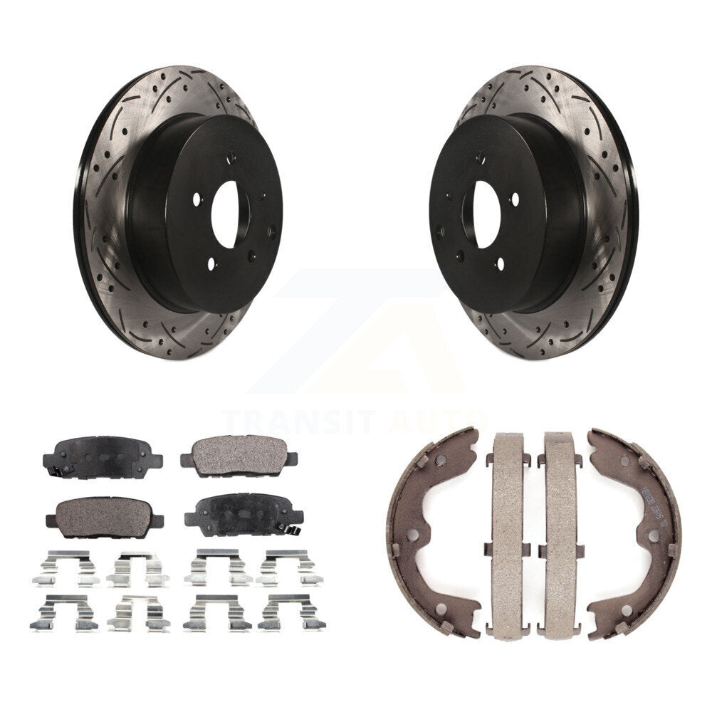 Rear Disc Drilled & Slotted Rotors Ceramic Pads Parking Shoes Kit For INFINITI FX35 FX45 KDT-101579