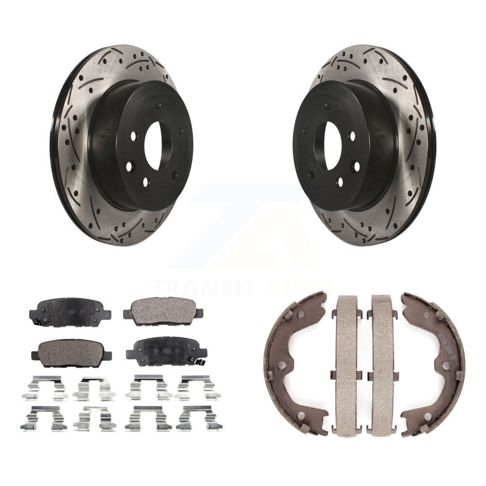 Rear Disc Drilled & Slotted Rotors Ceramic Pads Parking Shoes Kit For INFINITI G35 Nissan KDT-101582