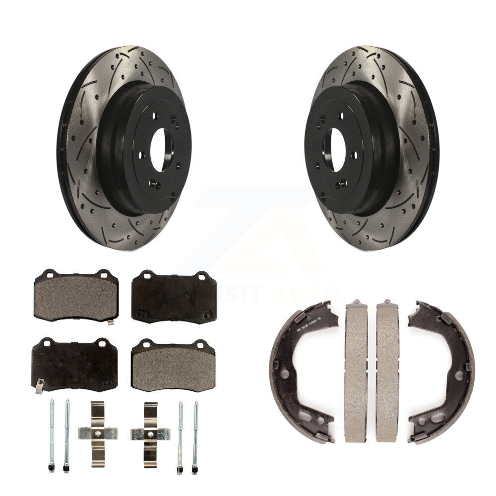 Rear Disc Drilled & Slotted Rotors Ceramic Pads And Parking Brake Shoes Kit For KDT-101588
