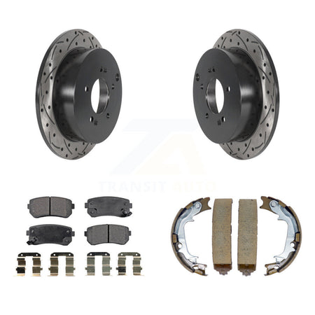 Rear Disc Drilled & Slotted Rotors Ceramic Pads Parking Shoes Kit For Hyundai Tucson Kia KDT-101591