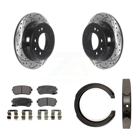 Rear Disc Drilled & Slotted Rotors Ceramic Pads Parking Shoes Kit For Kia Sportage FWD KDT-101592