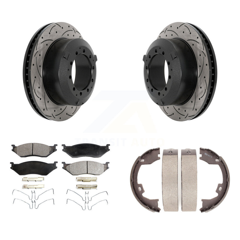 Rear Disc Drilled & Slotted Rotors Ceramic Pads Parking Shoes Kit For Ford F-450 Super IC KDT-101594