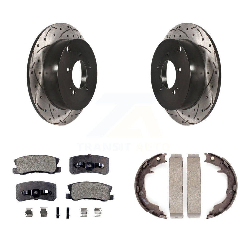 Rear Disc Drilled & Slotted Rotors Ceramic Pads And Parking Brake Shoes Kit For KDT-101597