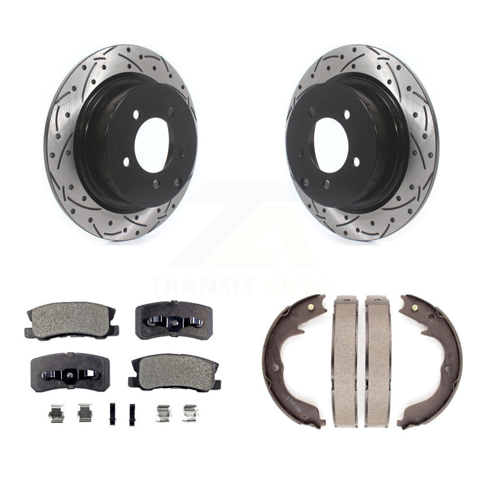 Rear Disc Drilled & Slotted Rotors Ceramic Pads And Parking Brake Shoes Kit For KDT-101598