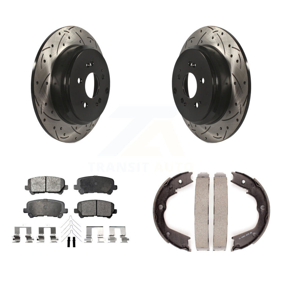 Rear Disc Drilled & Slotted Rotors Ceramic Pads Parking Shoes Kit For Honda Pilot Acura KDT-101599