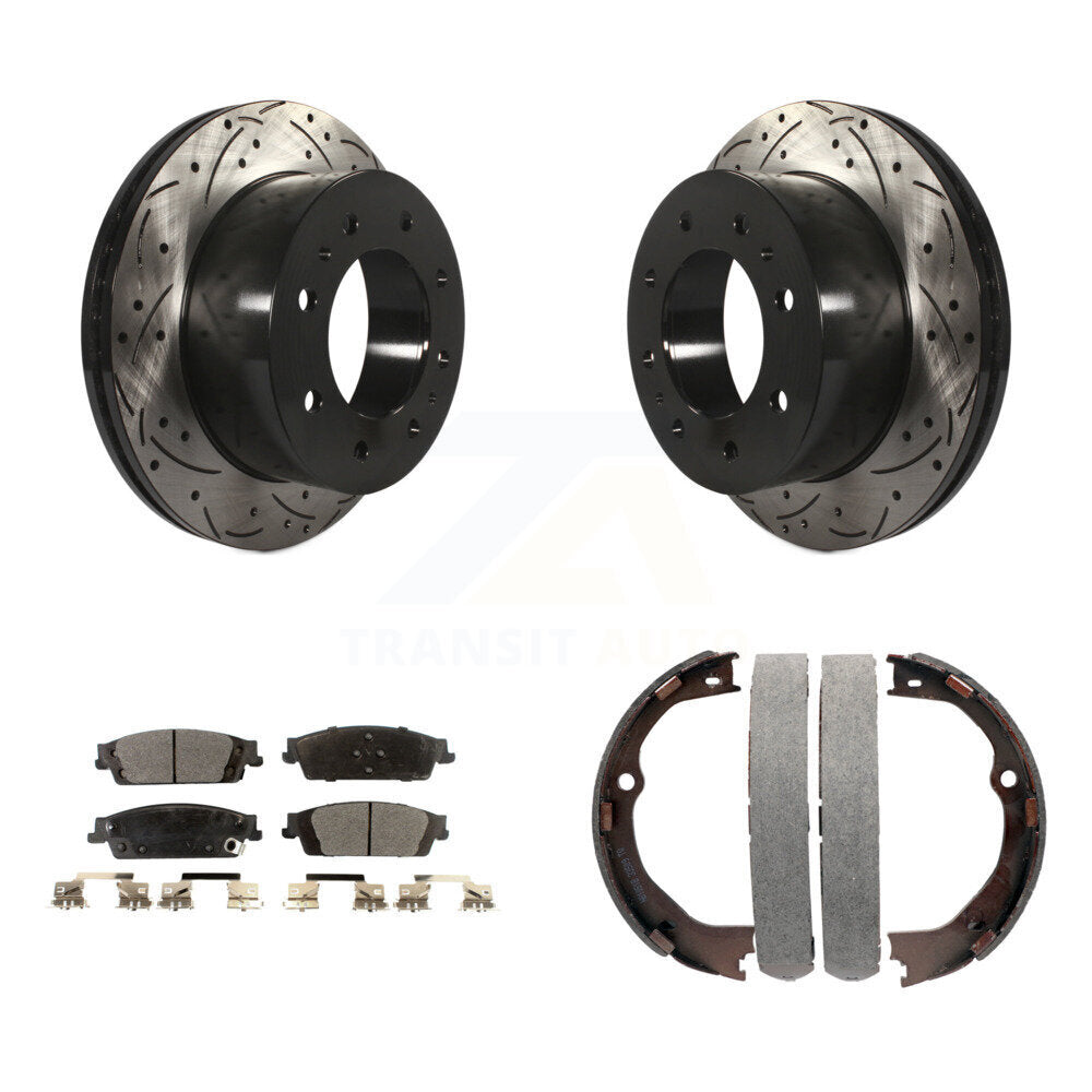Rear Disc Drilled & Slotted Rotors Ceramic Pads Parking Shoes Kit For Chevrolet Suburban KDT-101603