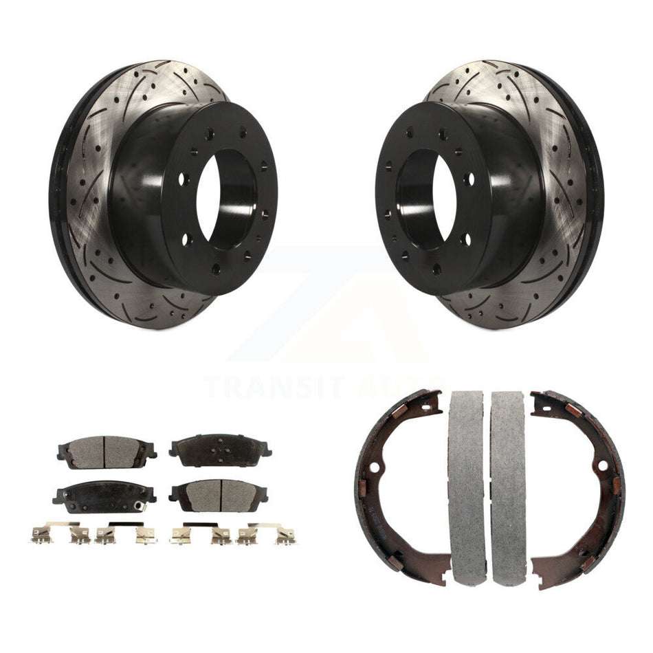 Rear Disc Drilled & Slotted Rotors Ceramic Pads Parking Shoes Kit For Chevrolet Suburban KDT-101603