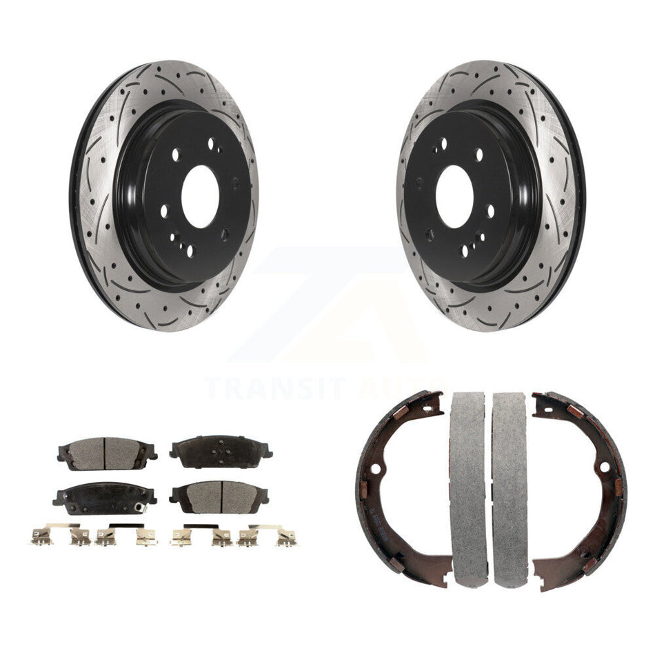 Rear Disc Drilled & Slotted Rotors Ceramic Pads Parking Shoes Kit For Chevrolet Silverado KDT-101604