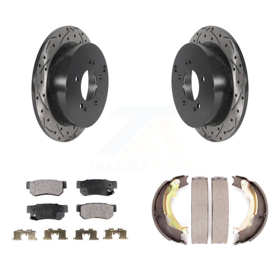 Rear Disc Drilled & Slotted Rotors Ceramic Pads Parking Shoes Kit For Hyundai Tucson Kia KDT-101606