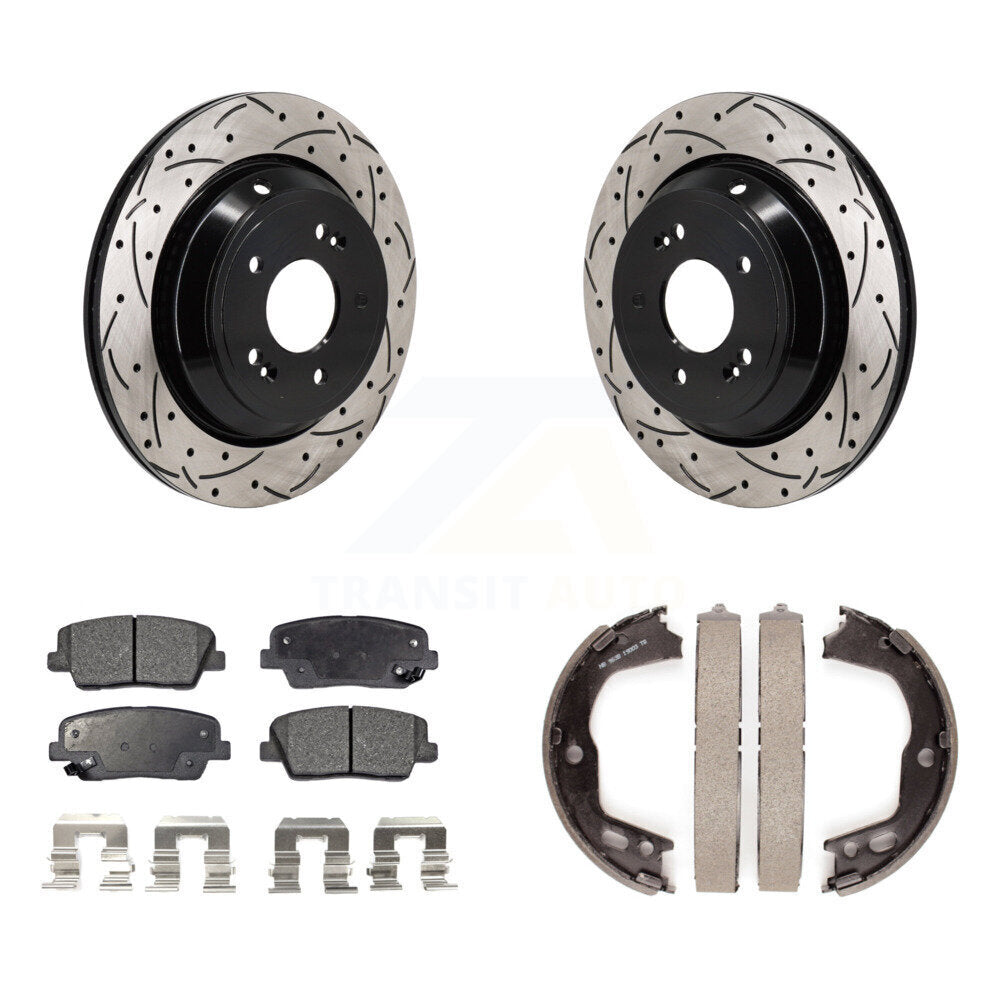 Rear Disc Drilled & Slotted Rotors Ceramic Pads Parking Shoes Kit For 11-13 Hyundai Equus KDT-101607