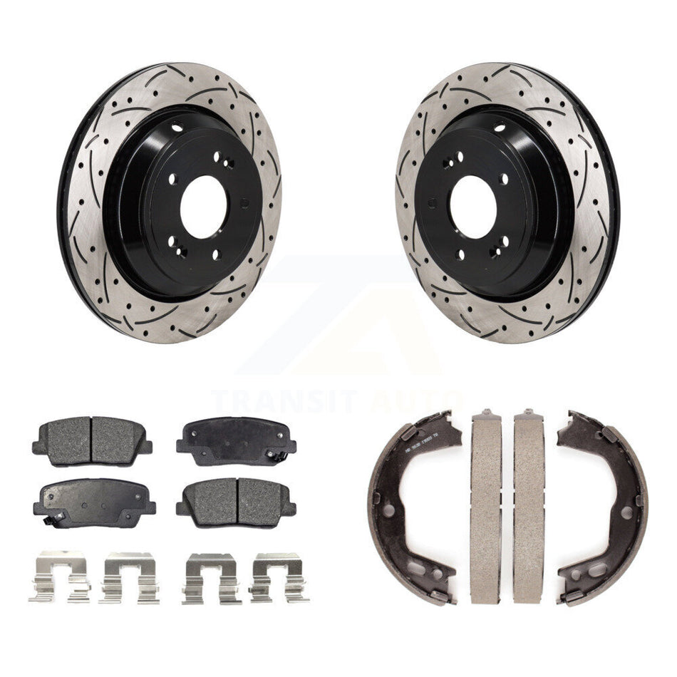 Rear Disc Drilled & Slotted Rotors Ceramic Pads Parking Shoes Kit For 11-13 Hyundai Equus KDT-101607