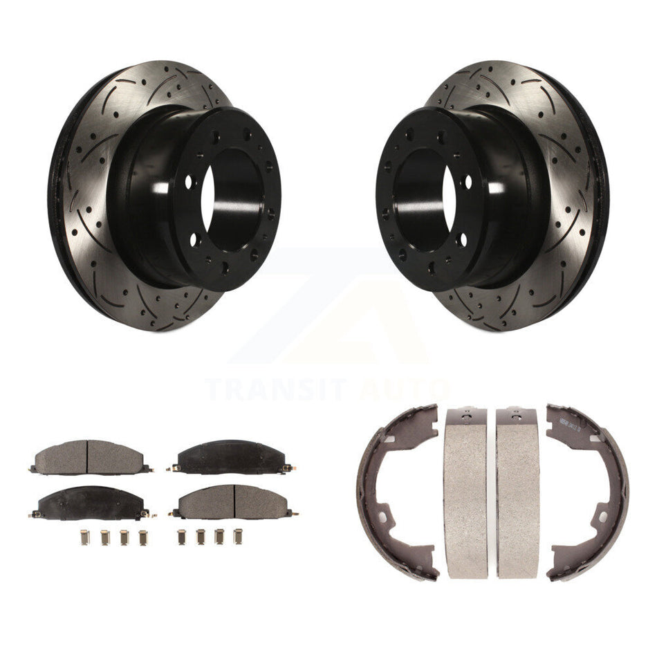 Rear Disc Drilled & Slotted Rotors Ceramic Pads Parking Shoes Kit For Ram 3500 2500 1500 KDT-101611