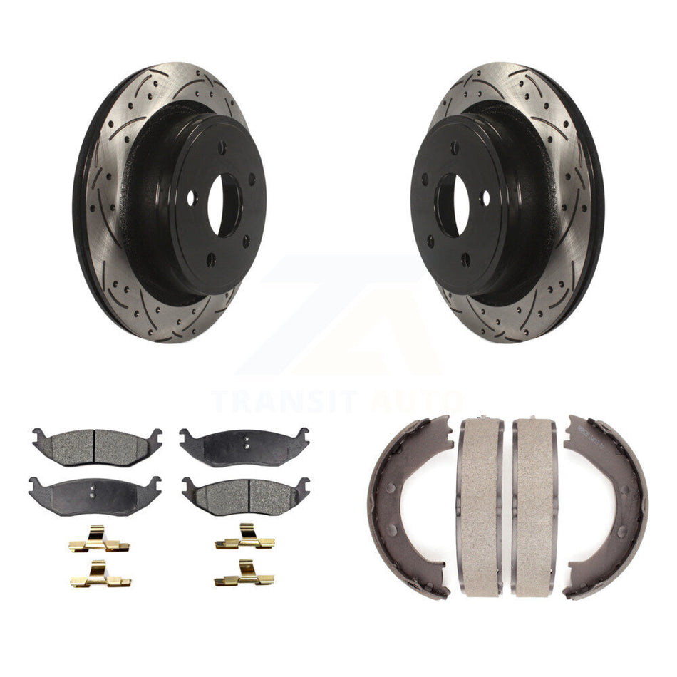 Rear Disc Drilled & Slotted Rotors Ceramic Pads And Parking Shoes Kit For Dodge Ram 1500 KDT-101612