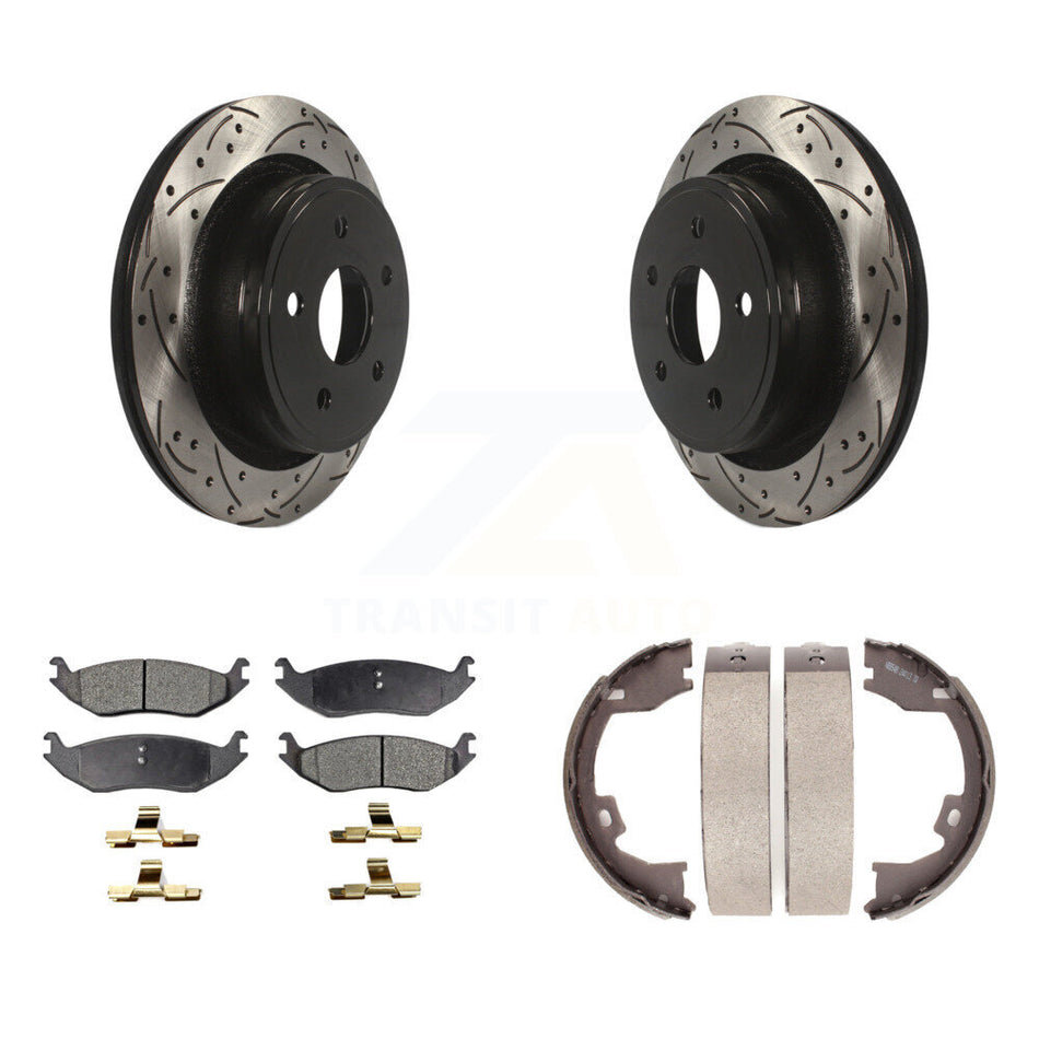 Rear Disc Drilled & Slotted Rotors Ceramic Pads And Parking Shoes Kit For Dodge Ram 1500 KDT-101613