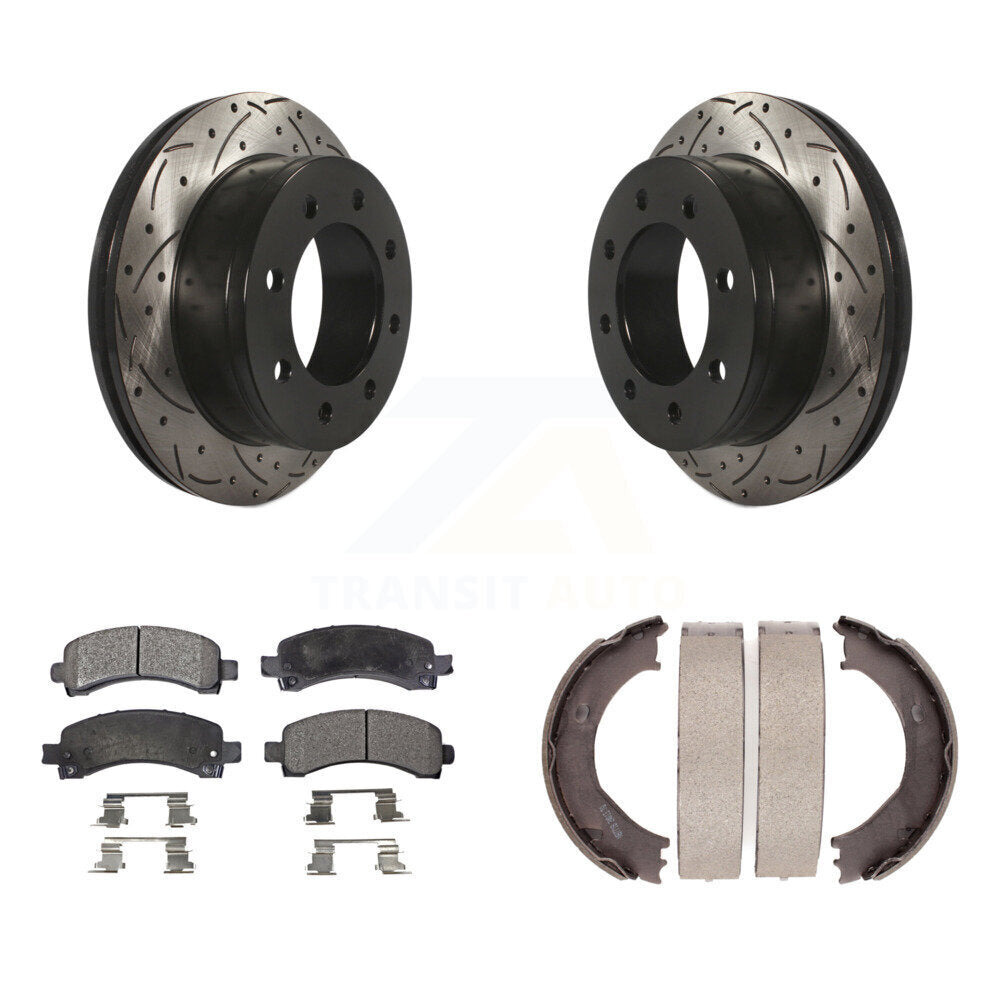 Rear Disc Drilled & Slotted Rotors Ceramic Pads Parking Shoes Kit For Chevrolet GMC 3500 KDT-101615