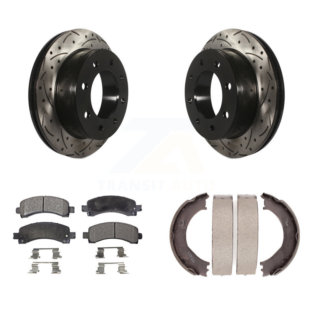 Rear Disc Drilled & Slotted Rotors Ceramic Pads Parking Shoes Kit For Chevrolet Express KDT-101616