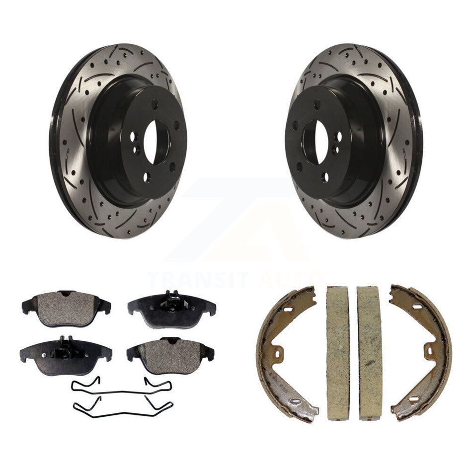 Rear Disc Drilled & Slotted Rotors Ceramic Pads Parking Brake Shoes Kit For Mercedes-Benz KDT-101619