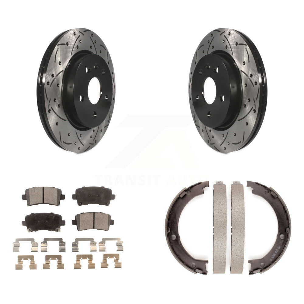 Rear Disc Drilled & Slotted Rotors Ceramic Pads Parking Brake Shoes Kit For Cadillac XTS KDT-101626