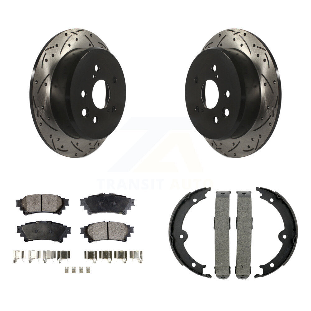 Rear Disc Drilled & Slotted Rotors Ceramic Pads Parking Brake Shoes Kit For Lexus IS250 KDT-101630