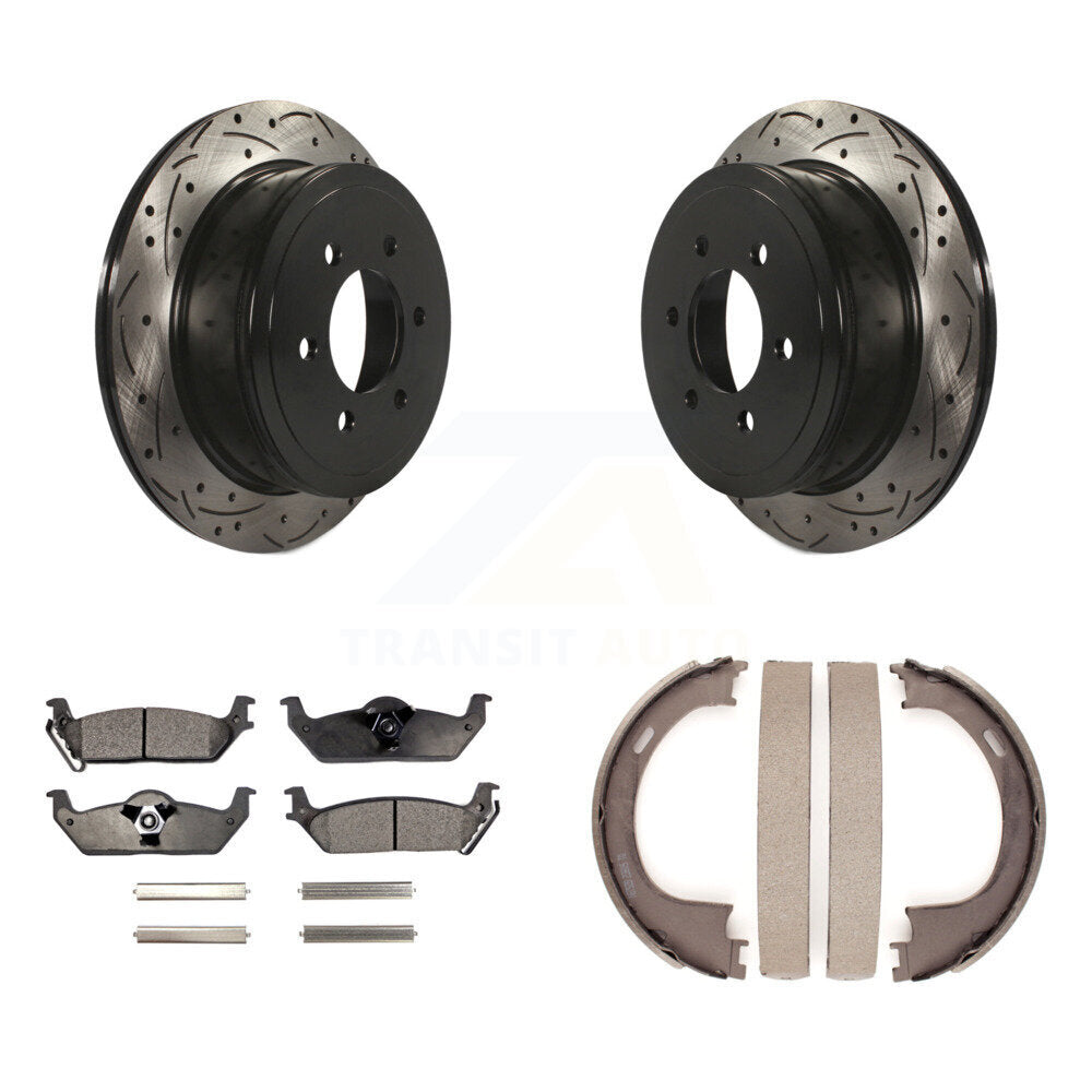 Rear Disc Drilled & Slotted Rotors Ceramic Pads Parking Shoes Kit For Ford F-150 Lincoln KDT-101633