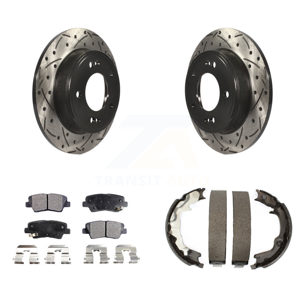 Rear Disc Drilled & Slotted Rotors Ceramic Pads Parking Shoes Kit For 2014 Kia Forte Koup KDT-101637