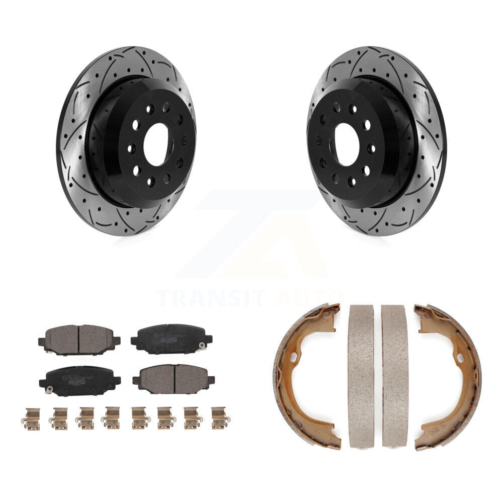 Rear Disc Drilled & Slotted Rotors Ceramic Pads Parking Shoes Kit For Jeep Wrangler Sport KDT-101639
