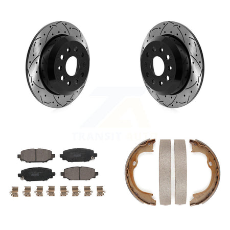 Rear Disc Drilled & Slotted Rotors Ceramic Pads Parking Shoes Kit For Jeep Wrangler Sport KDT-101639