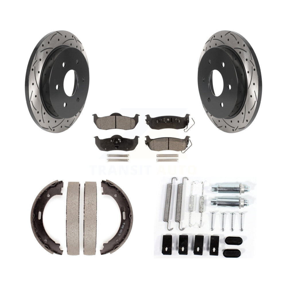 Rear Disc Drilled & Slotted Rotors Ceramic Pads Parking Shoes And Hardware Kit For Nissan KDT-101646