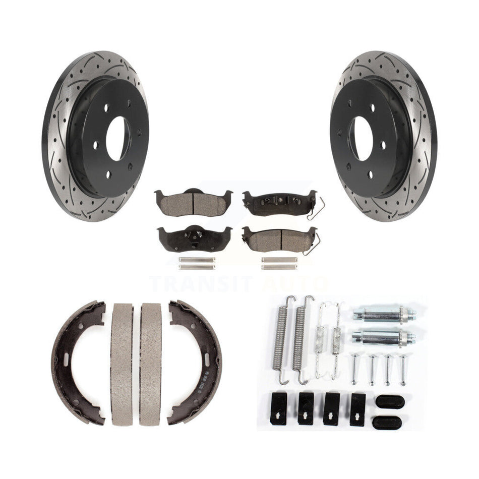 Rear Disc Drilled & Slotted Rotors Ceramic Pads Parking Shoes And Hardware Kit For Nissan KDT-101646