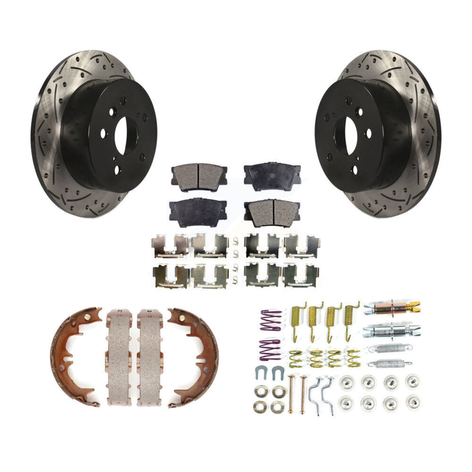 Rear Disc Drilled & Slotted Rotors Ceramic Pads Parking Shoes And Hardware Kit For Toyota KDT-101647
