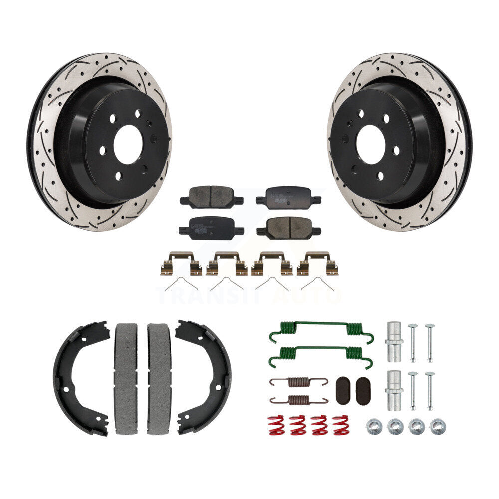 Rear Disc Drilled & Slotted Rotors Ceramic Pads Parking Shoes Hardware Kit For Chevrolet KDT-101648