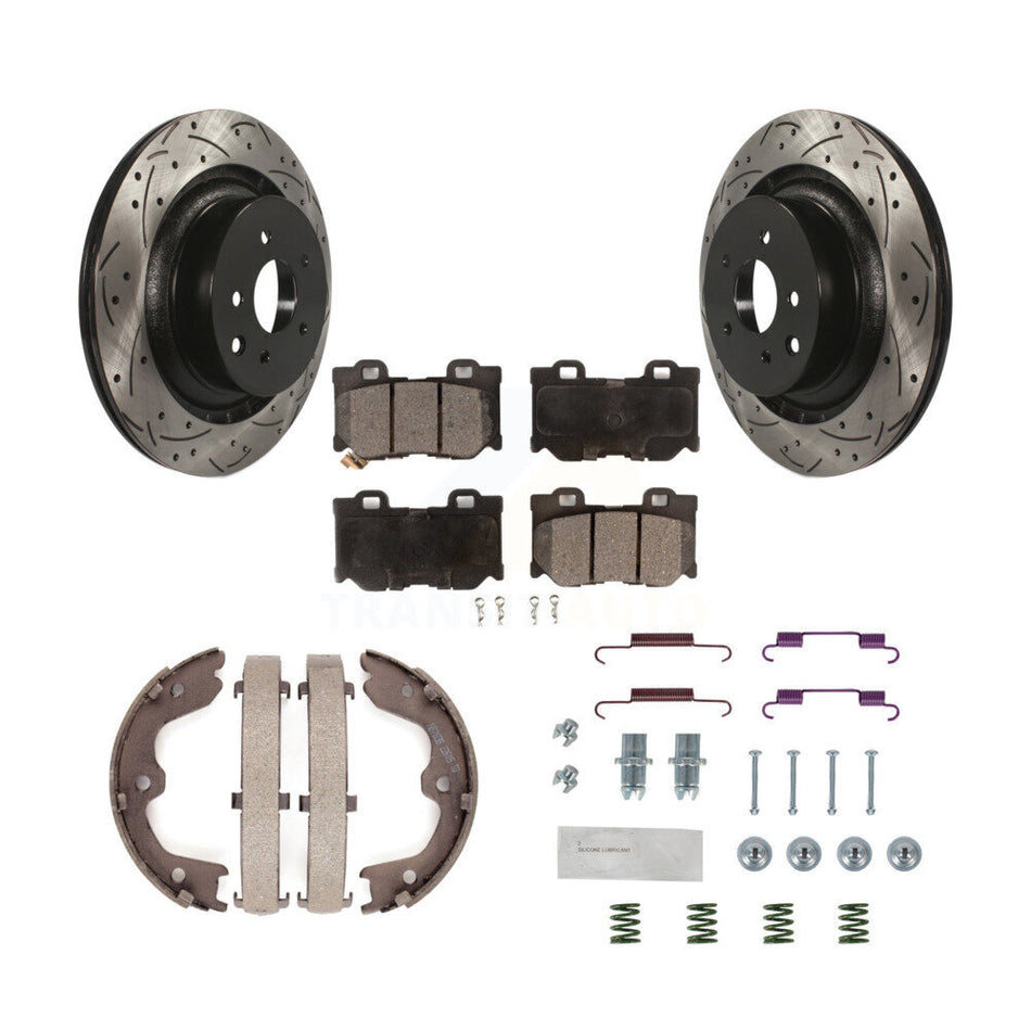 Rear Disc Drilled & Slotted Rotors Ceramic Pads Parking Shoes Hardware Kit For INFINITI KDT-101650