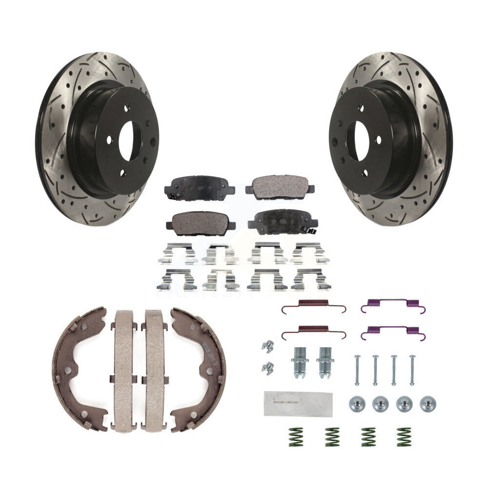 Rear Disc Drilled & Slotted Rotors Ceramic Pads Parking Shoes Hardware Kit For INFINITI KDT-101651