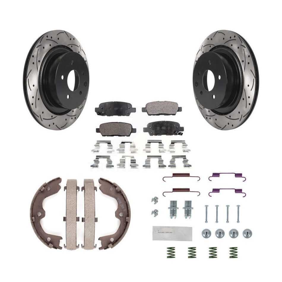 Rear Disc Drilled & Slotted Rotors Ceramic Pads Parking Shoes Hardware Kit For INFINITI KDT-101652