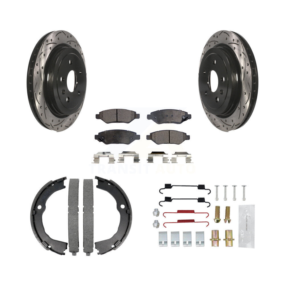Rear Disc Drilled & Slotted Rotors Ceramic Pads Parking Shoes Hardware Kit For Chevrolet KDT-101656