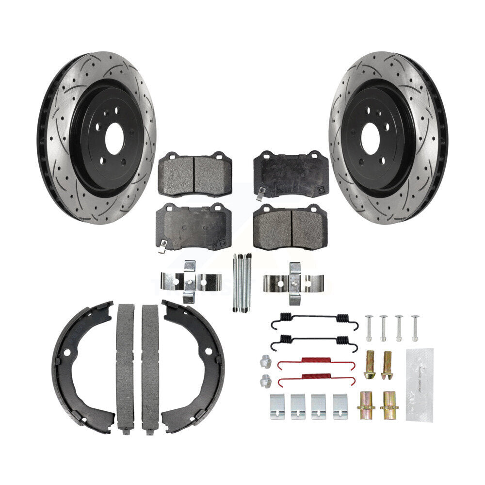 Rear Disc Drilled & Slotted Rotors Ceramic Pads Parking Shoes Hardware Kit For Chevrolet KDT-101657