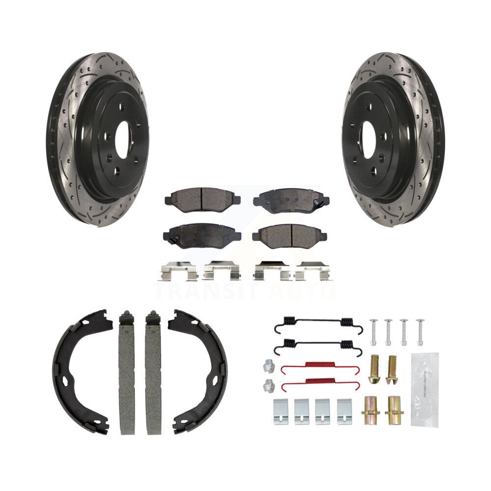 Rear Disc Drilled & Slotted Rotors Ceramic Pads Parking Brake Shoes And Hardware Kit For KDT-101658