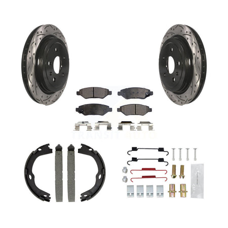 Rear Disc Drilled & Slotted Rotors Ceramic Pads Parking Brake Shoes And Hardware Kit For KDT-101658
