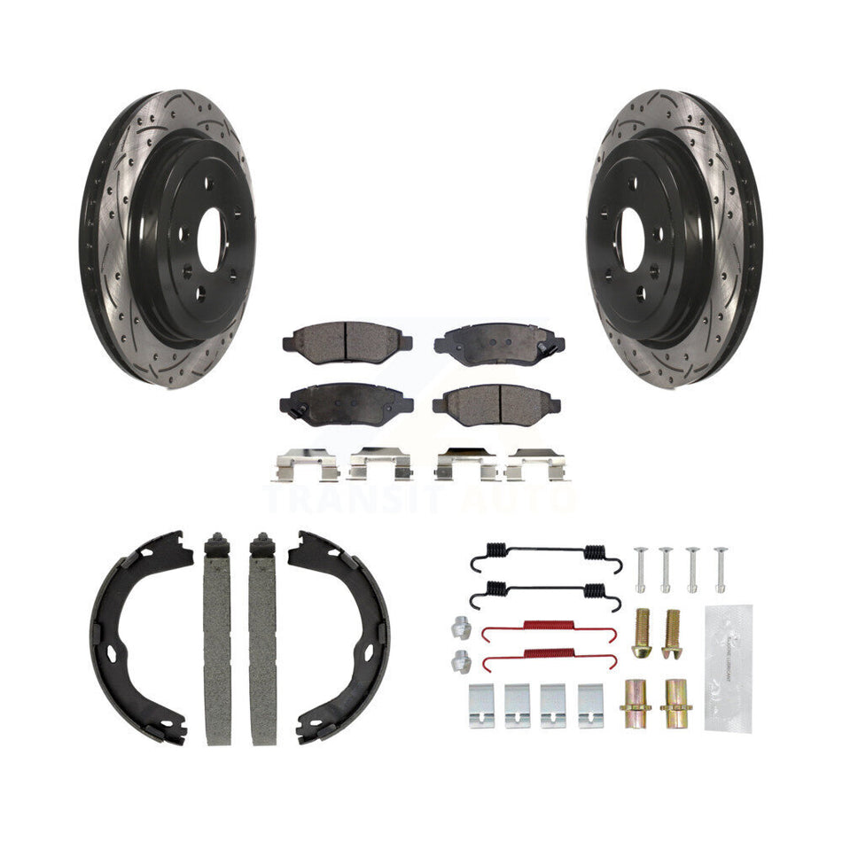 Rear Disc Drilled & Slotted Rotors Ceramic Pads Parking Brake Shoes And Hardware Kit For KDT-101658